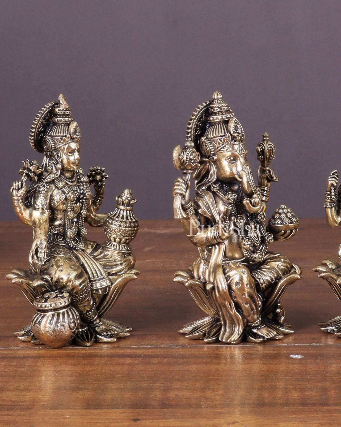 Brass Superfine Ganesha, Lakshmi, and Saraswati Idols Seated on Lotus 4" - Budhshiv.com