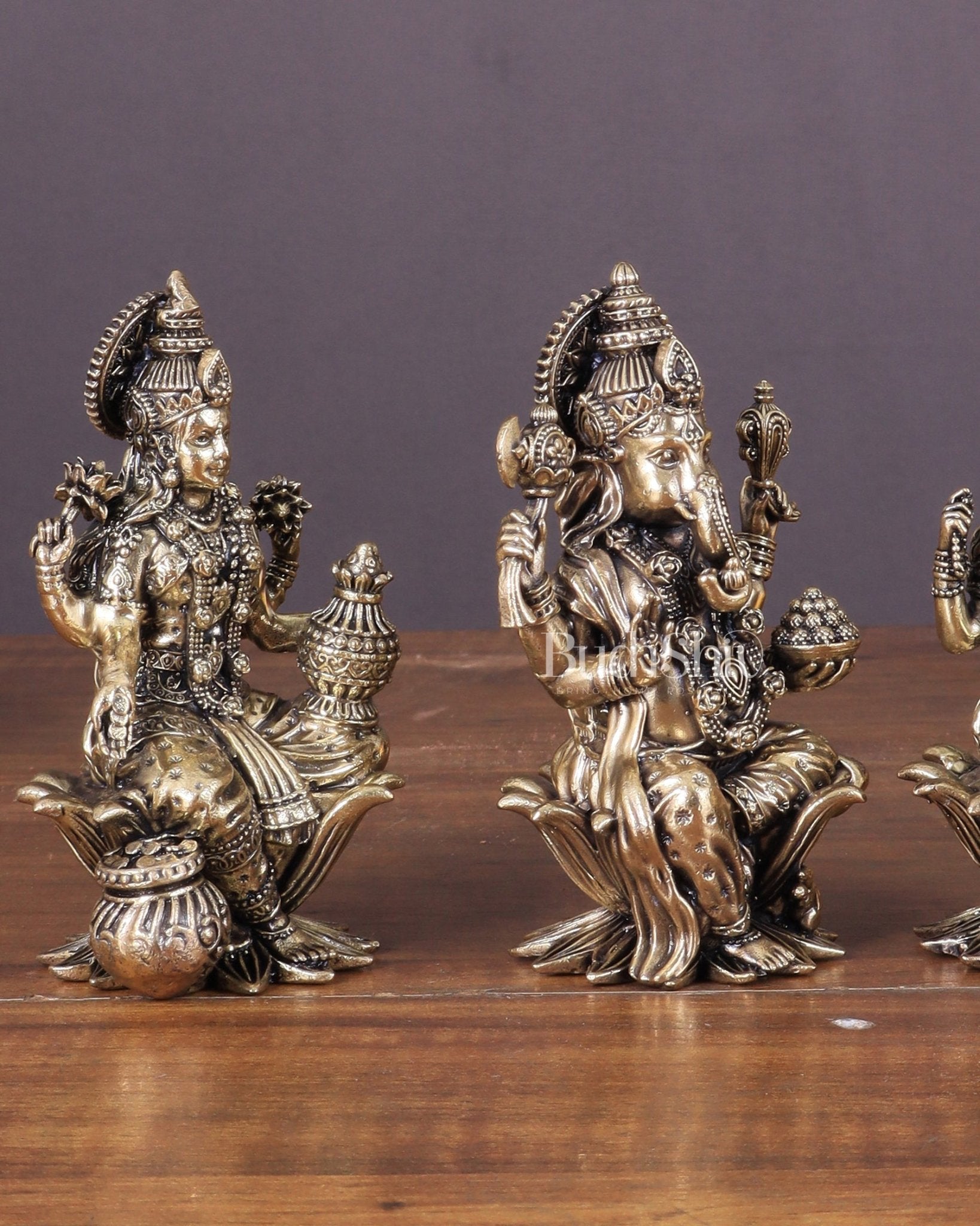 Brass Superfine Ganesha, Lakshmi, and Saraswati Idols Seated on Lotus 4" - Budhshiv.com