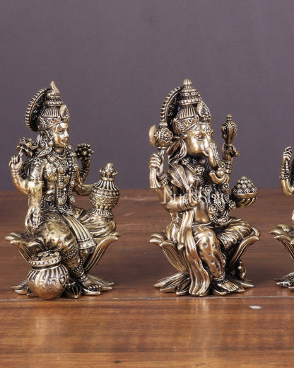 Brass Superfine Ganesha, Lakshmi, and Saraswati Idols Seated on Lotus 4" - Budhshiv.com