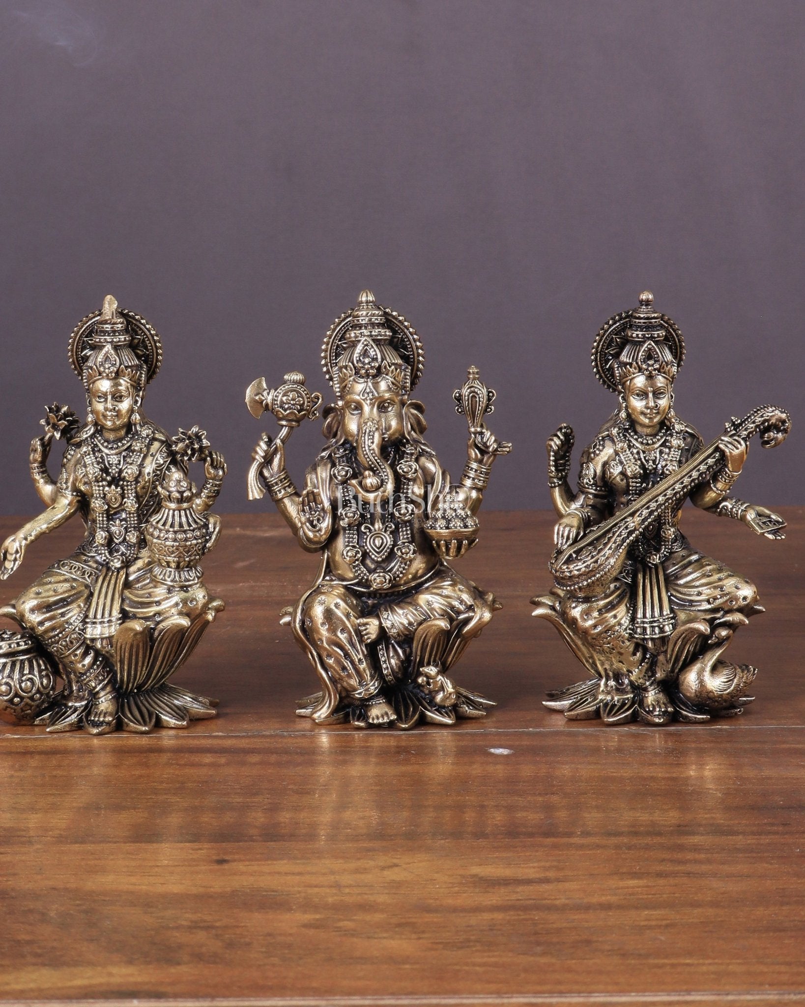 Brass Superfine Ganesha, Lakshmi, and Saraswati Idols Seated on Lotus 4" - Budhshiv.com