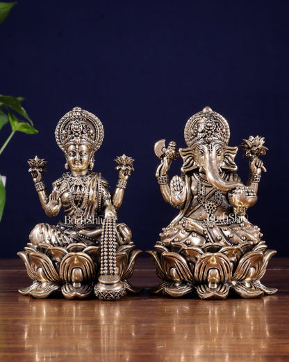 Brass Superfine Ganesha Lakshmi Idol on Lotus Base 5 inch - Budhshiv.com