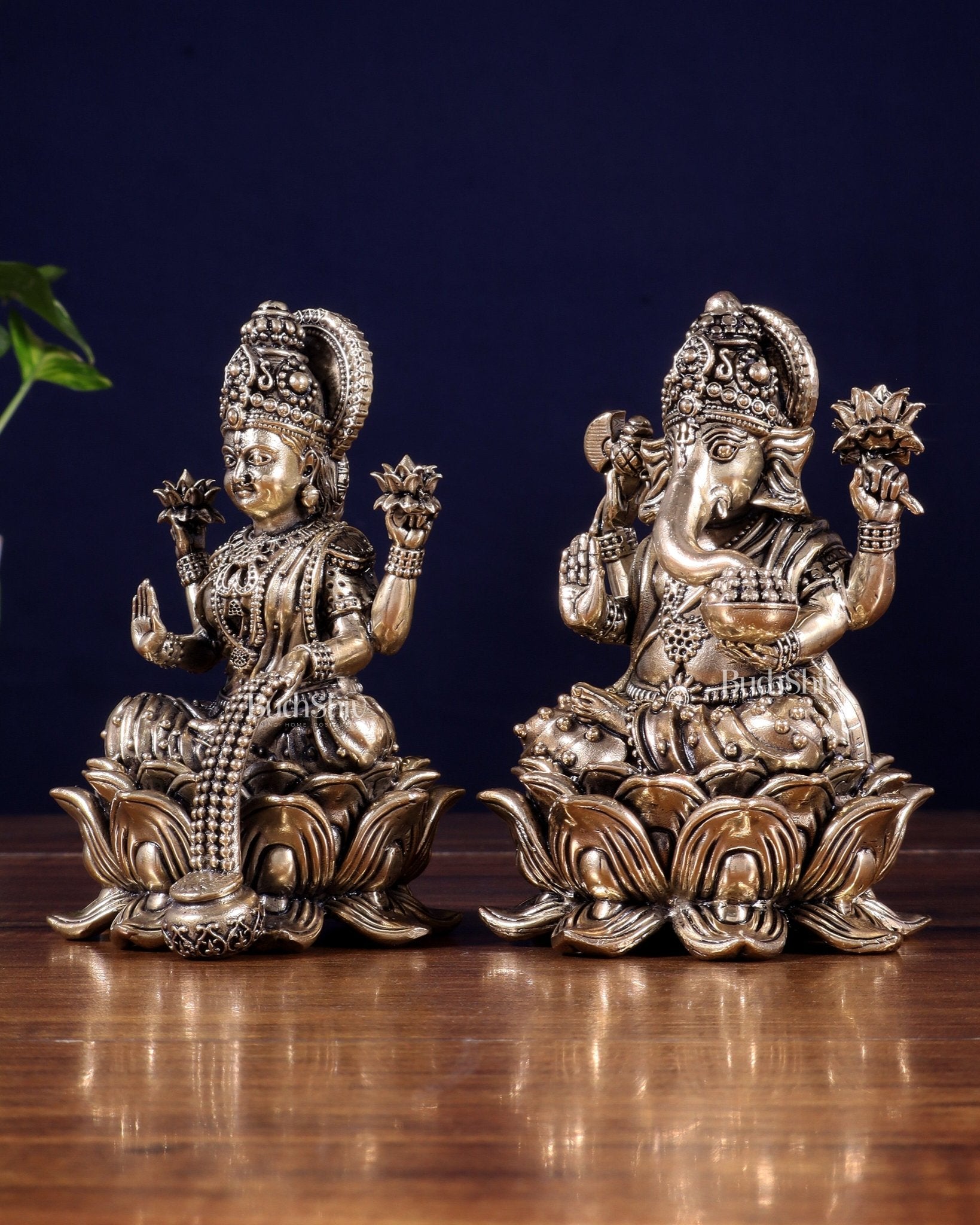 Brass Superfine Ganesha Lakshmi Idol on Lotus Base 5 inch - Budhshiv.com