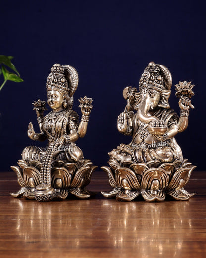 Brass Superfine Ganesha Lakshmi Idol on Lotus Base 5 inch - Budhshiv.com