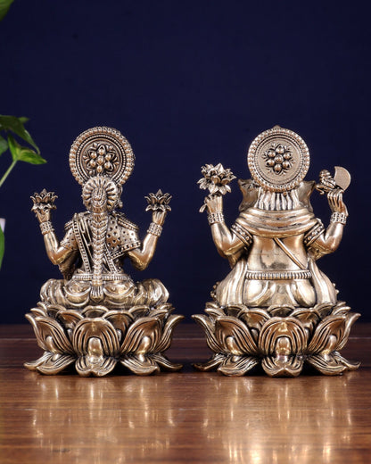 Brass Superfine Ganesha Lakshmi Idol on Lotus Base 5 inch - Budhshiv.com