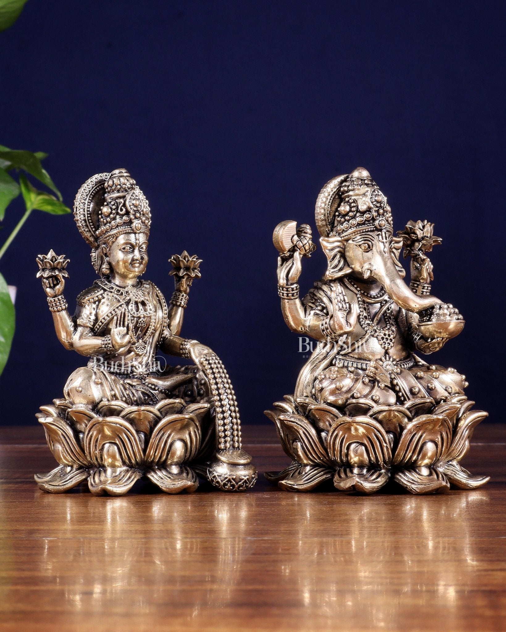 Brass Superfine Ganesha Lakshmi Idol on Lotus Base 5 inch - Budhshiv.com