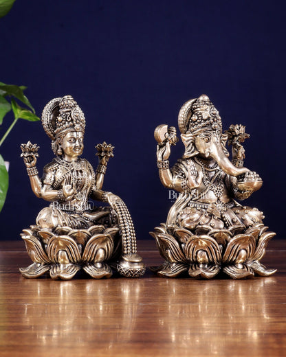 Brass Superfine Ganesha Lakshmi Idol on Lotus Base 5 inch - Budhshiv.com