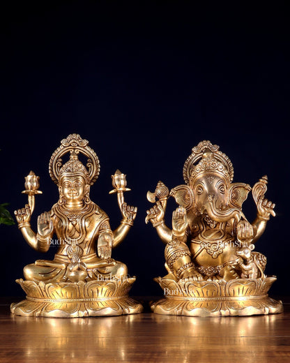 Brass Superfine Ganesha Lakshmi Idol Pair 10.5 inch - Budhshiv.com