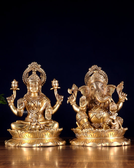 Brass Superfine Ganesha Lakshmi Idol Pair 10.5 inch - Budhshiv.com