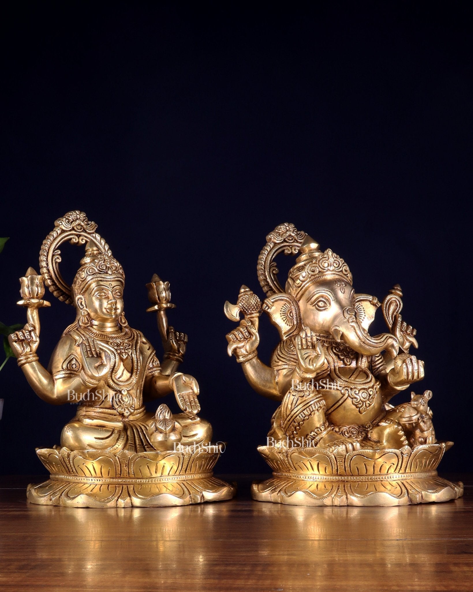 Brass Superfine Ganesha Lakshmi Idol Pair 10.5 inch - Budhshiv.com