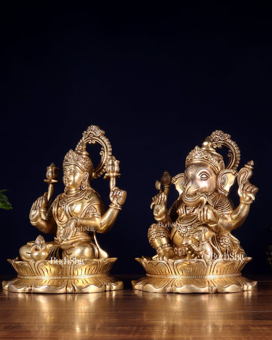 Brass Superfine Ganesha Lakshmi Idol Pair 10.5 inch - Budhshiv.com