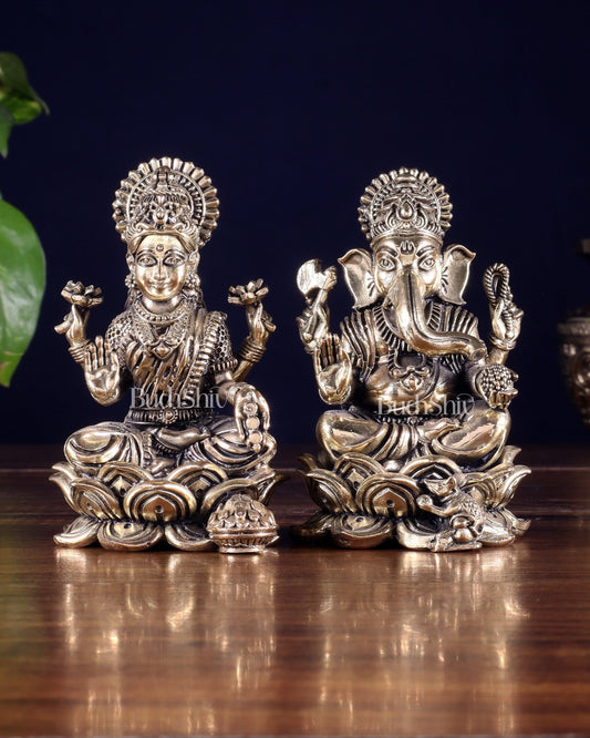 Brass Superfine Ganesha Lakshmi Idol Set 4" - Budhshiv.com