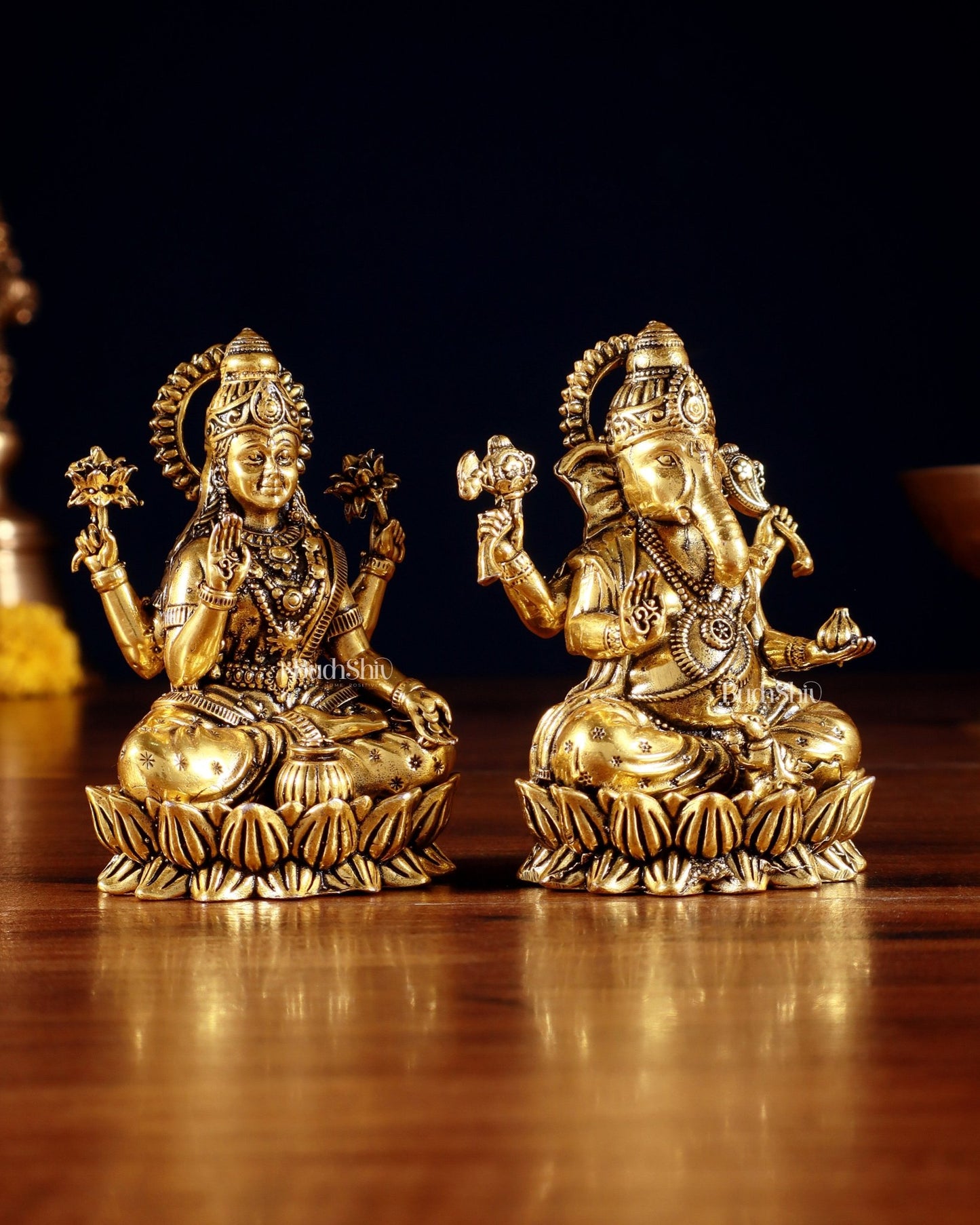 Brass Superfine Ganesha Lakshmi Idols - 3.5" Height | golden tone - Budhshiv.com