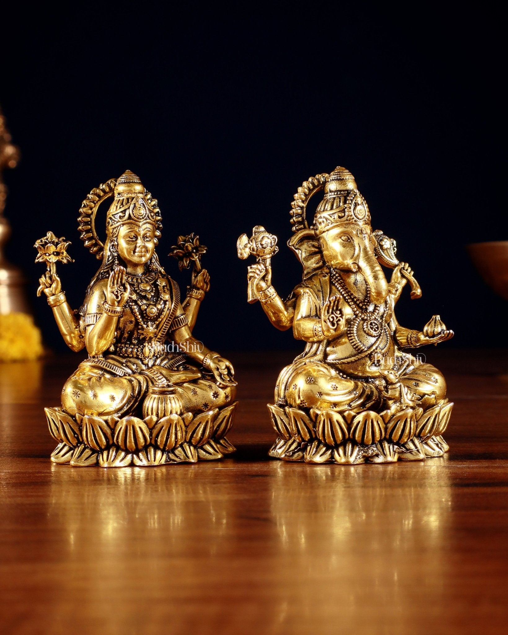 Brass Superfine Ganesha Lakshmi Idols - 3.5" Height | golden tone - Budhshiv.com