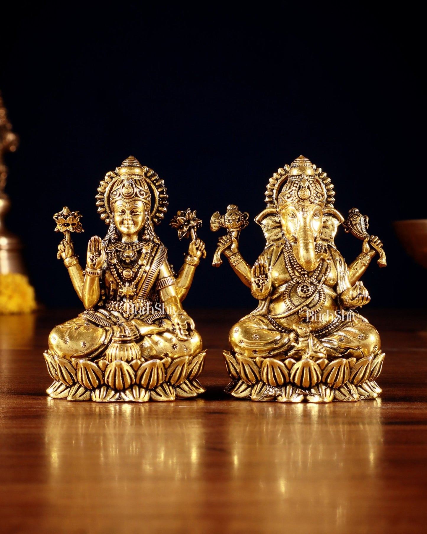 Brass Superfine Ganesha Lakshmi Idols - 3.5" Height | golden tone - Budhshiv.com