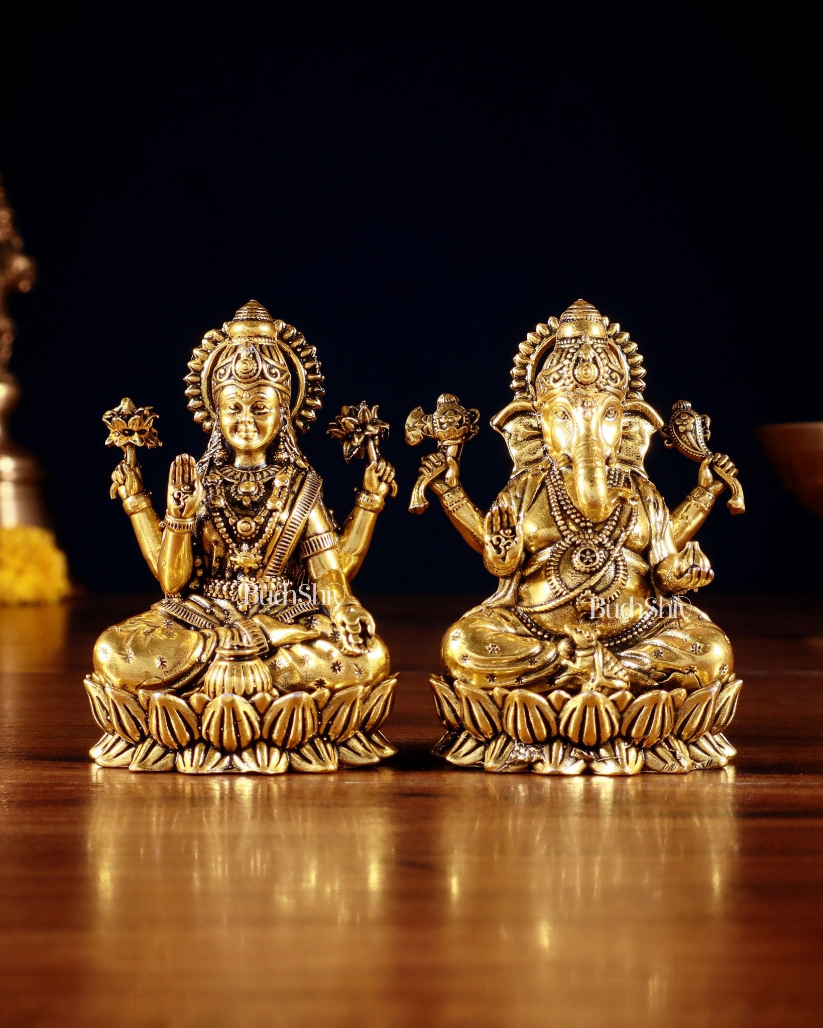Brass Superfine Ganesha Lakshmi Idols - 3.5" Height | golden tone - Budhshiv.com