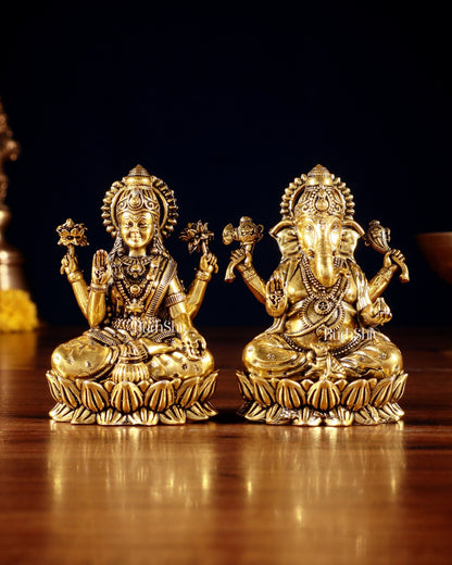 Brass Superfine Ganesha Lakshmi Idols - 3.5" Height | golden tone - Budhshiv.com
