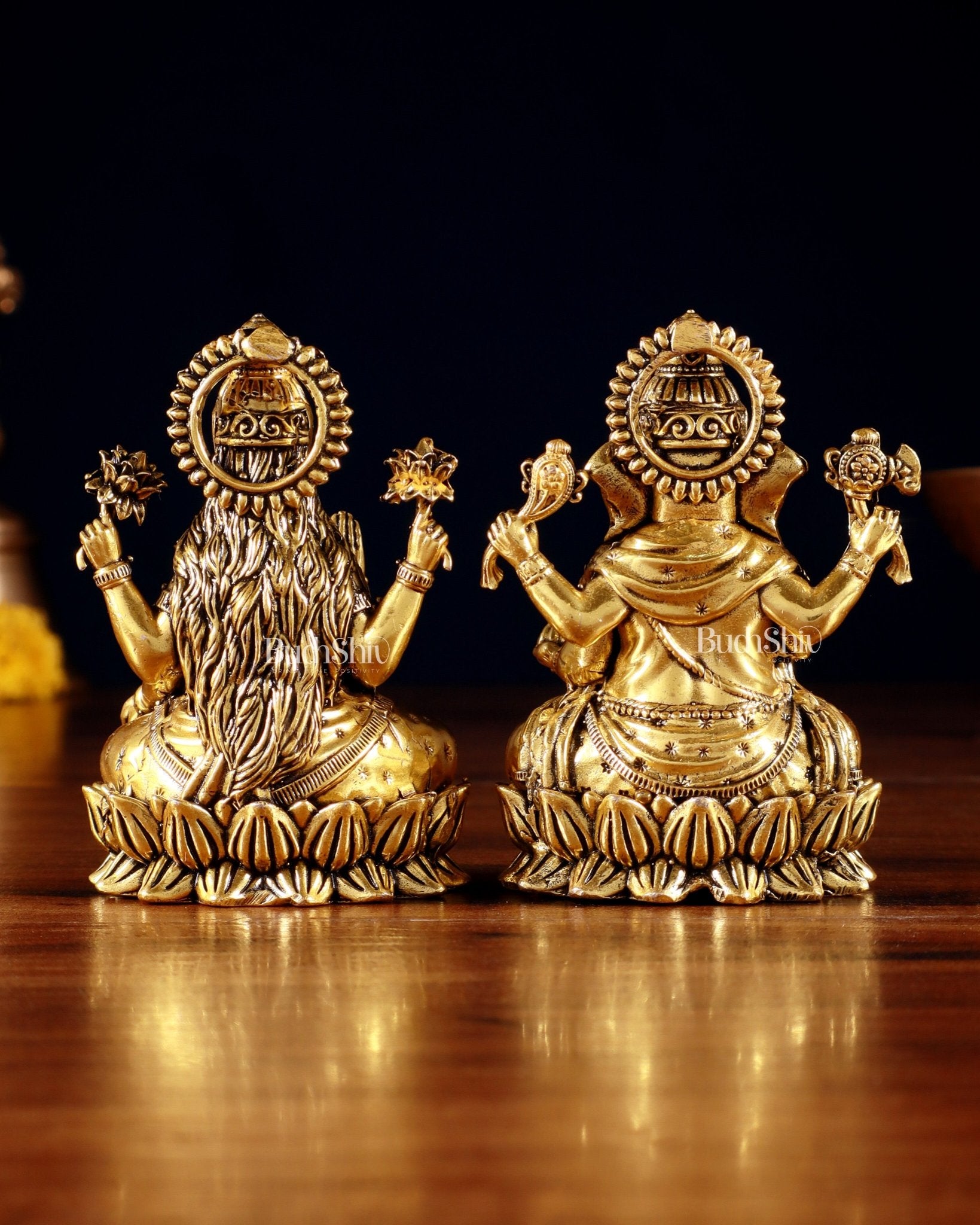 Brass Superfine Ganesha Lakshmi Idols - 3.5" Height | golden tone - Budhshiv.com