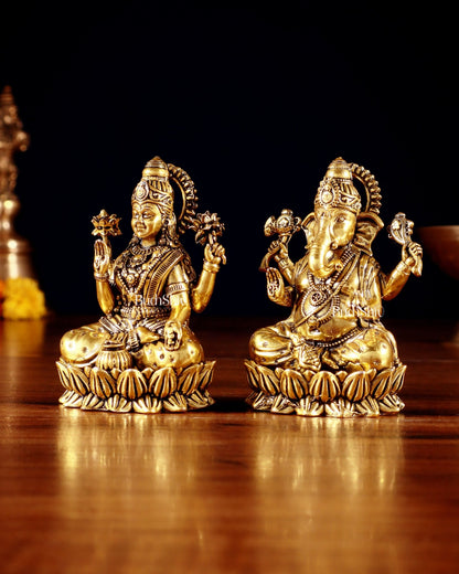 Brass Superfine Ganesha Lakshmi Idols - 3.5" Height | golden tone - Budhshiv.com