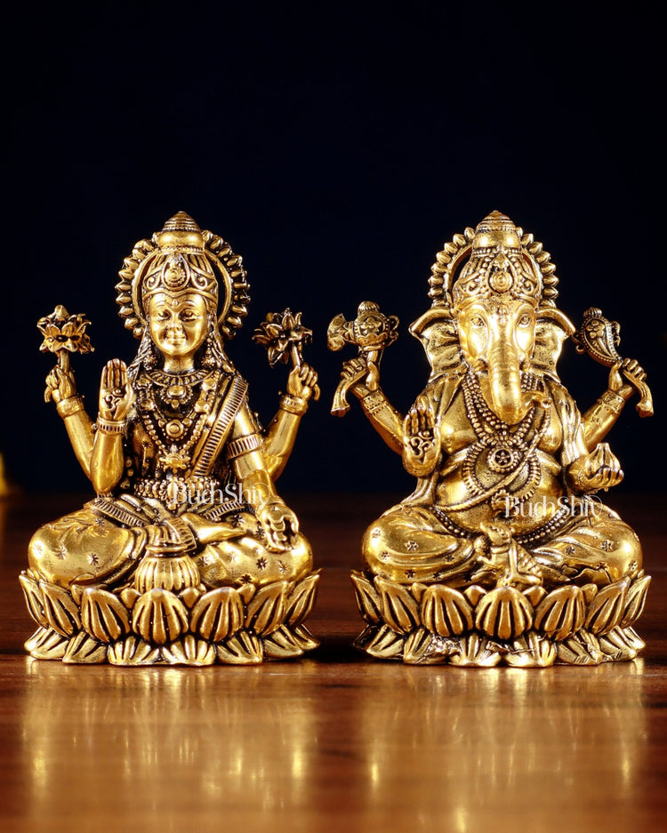Brass Superfine Ganesha Lakshmi Idols - 4.25" Height | Golden tone - Budhshiv.com