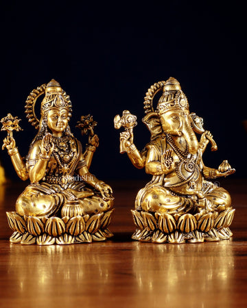 Brass Superfine Ganesha Lakshmi Idols - 4.25" Height | Golden tone - Budhshiv.com