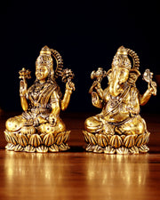 Brass Superfine Ganesha Lakshmi Idols - 4.25" Height | Golden tone - Budhshiv.com