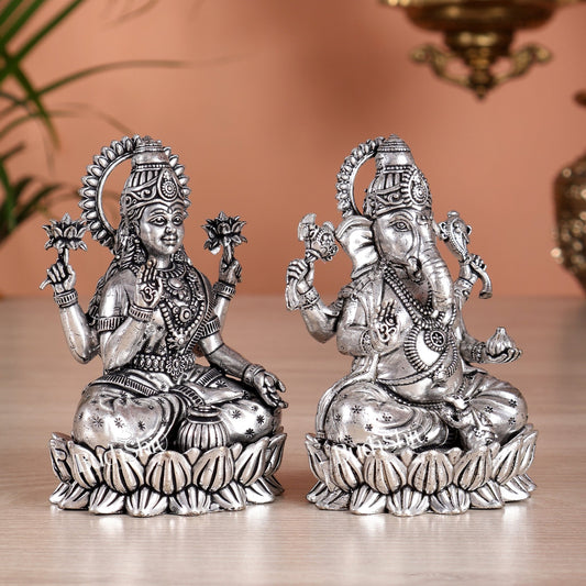Brass Superfine Ganesha Lakshmi Idols - 4.25" Height | Silver plated - Budhshiv.com