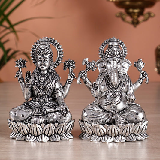Brass Superfine Ganesha Lakshmi Idols - 4.25" Height | Silver plated - Budhshiv.com