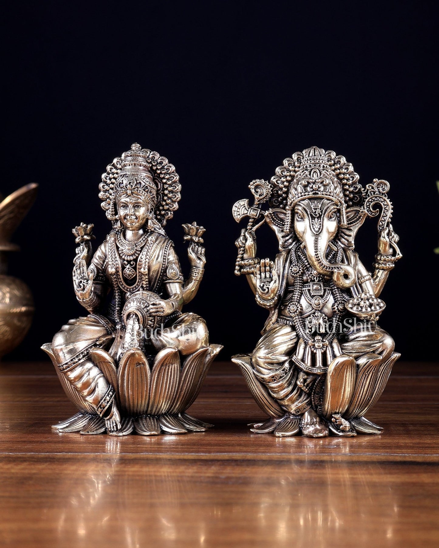 Brass Superfine Ganesha–Lakshmi on Lotus Idol Pair 5 inch - Budhshiv.com