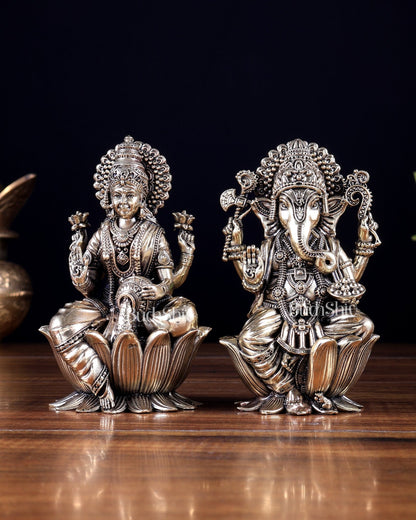 Brass Superfine Ganesha–Lakshmi on Lotus Idol Pair 5 inch - Budhshiv.com
