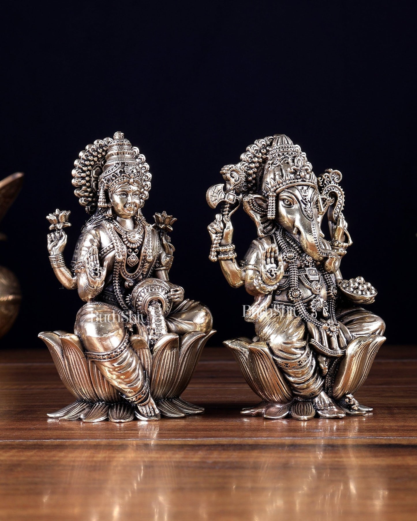 Brass Superfine Ganesha–Lakshmi on Lotus Idol Pair 5 inch - Budhshiv.com