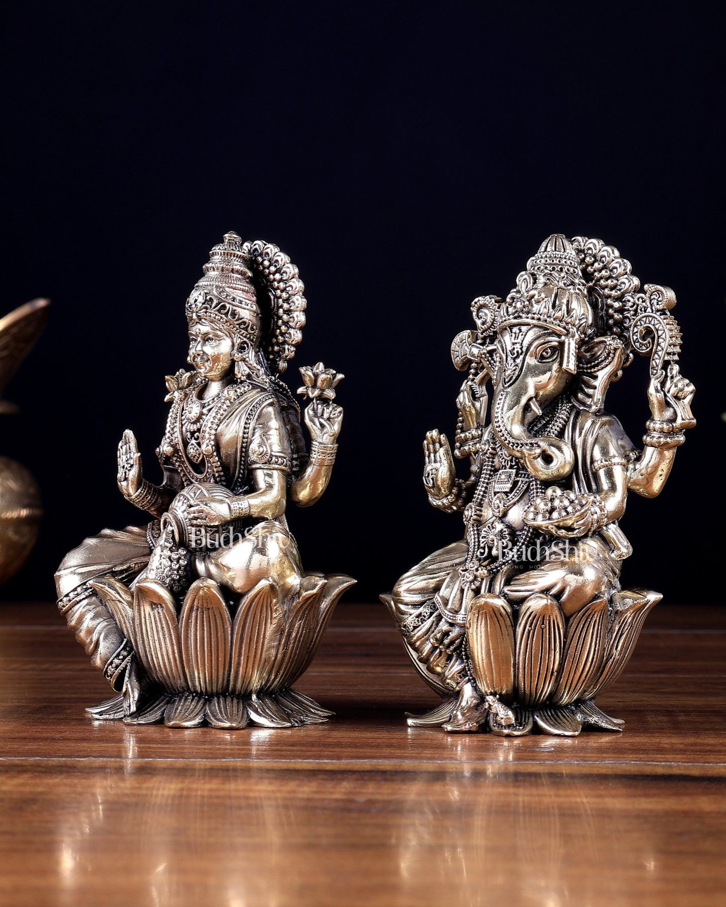Brass Superfine Ganesha–Lakshmi on Lotus Idol Pair 5 inch - Budhshiv.com