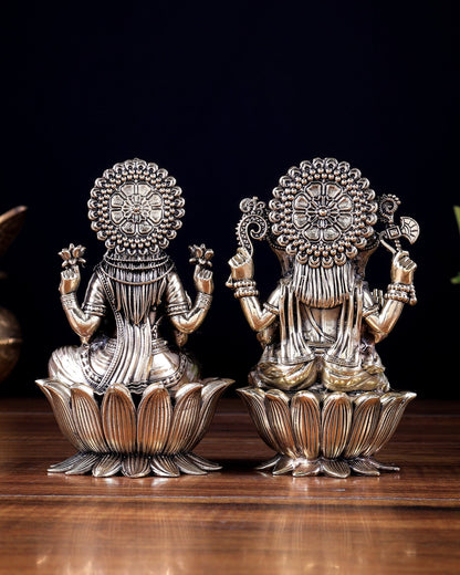 Brass Superfine Ganesha–Lakshmi on Lotus Idol Pair 5 inch - Budhshiv.com