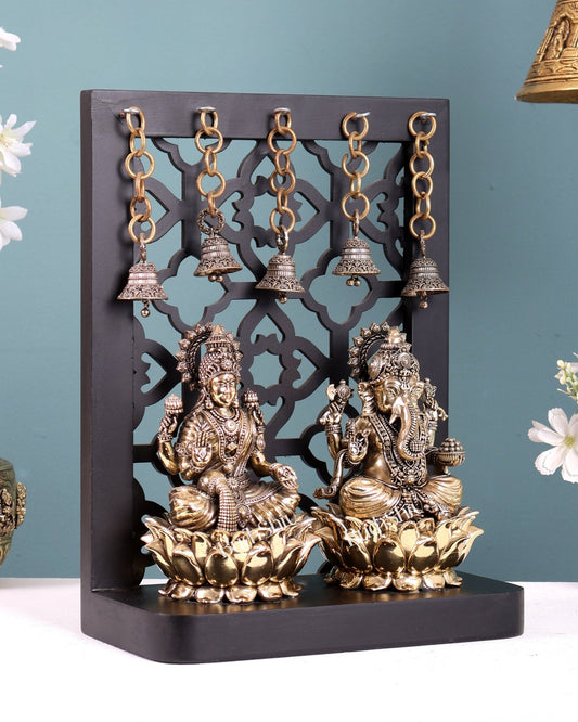 Brass Superfine Ganesha–Lakshmi on Lotus with Hanging Bells – MDF Temple Frame 12 inch - Budhshiv.com