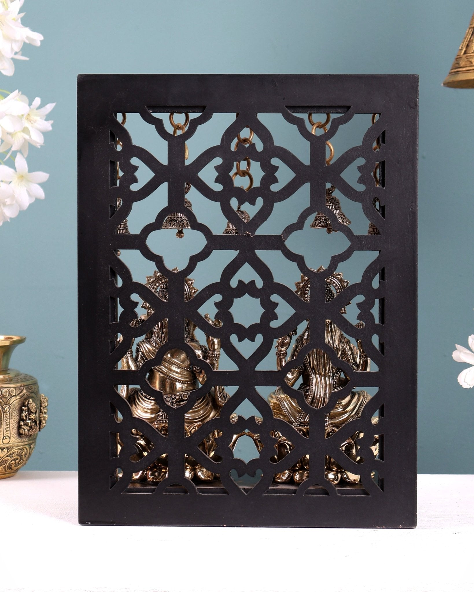 Brass Superfine Ganesha–Lakshmi on Lotus with Hanging Bells – MDF Temple Frame 12 inch - Budhshiv.com