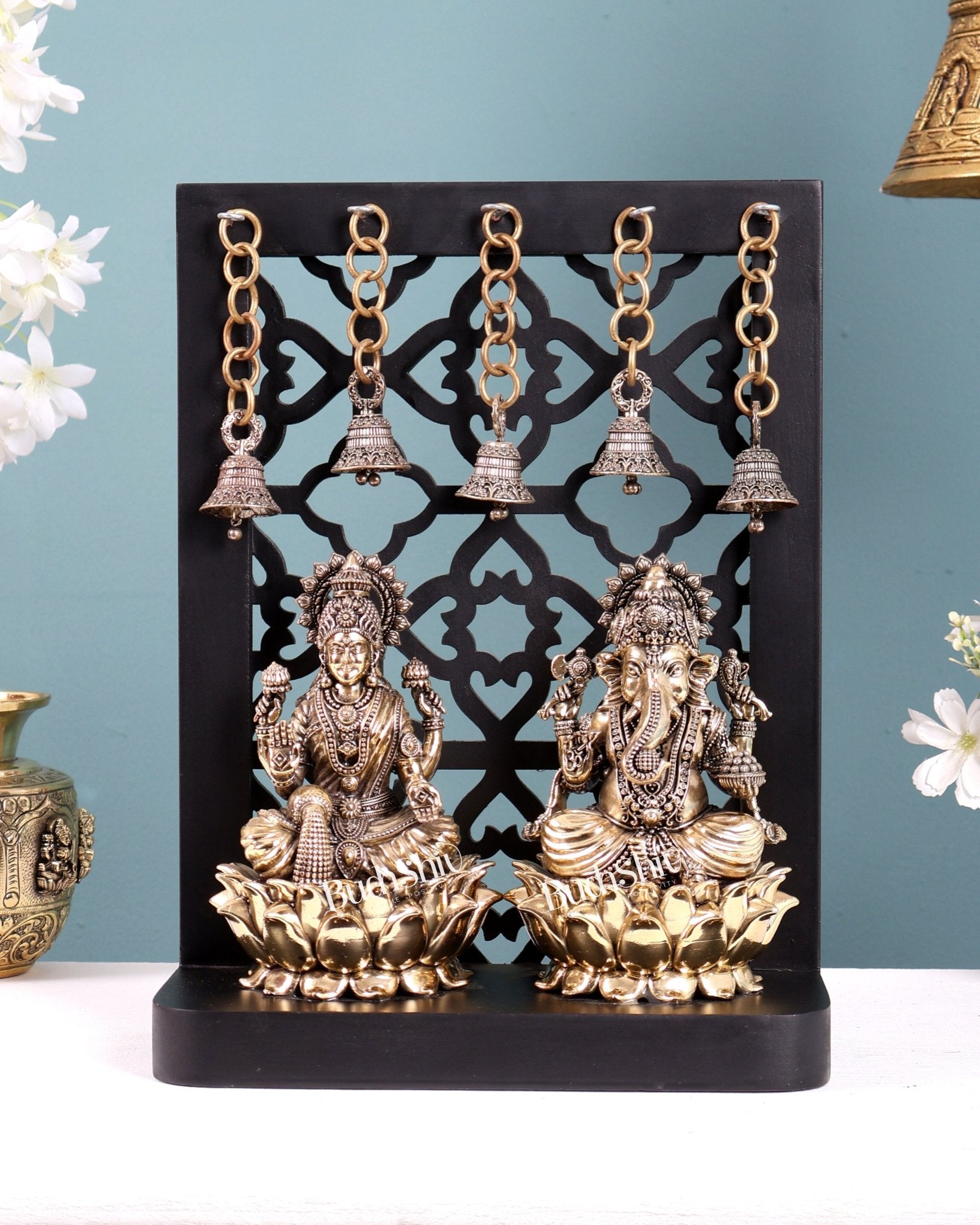 Brass Superfine Ganesha–Lakshmi on Lotus with Hanging Bells – MDF Temple Frame 12 inch - Budhshiv.com