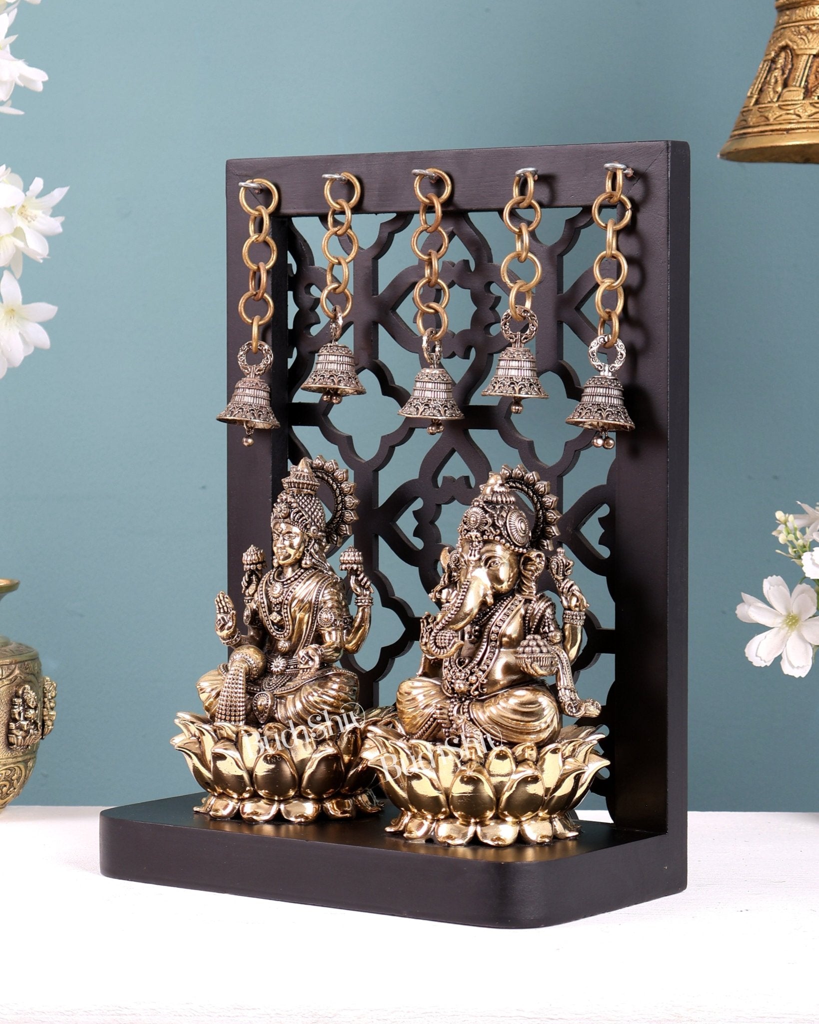 Brass Superfine Ganesha–Lakshmi on Lotus with Hanging Bells – MDF Temple Frame 12 inch - Budhshiv.com