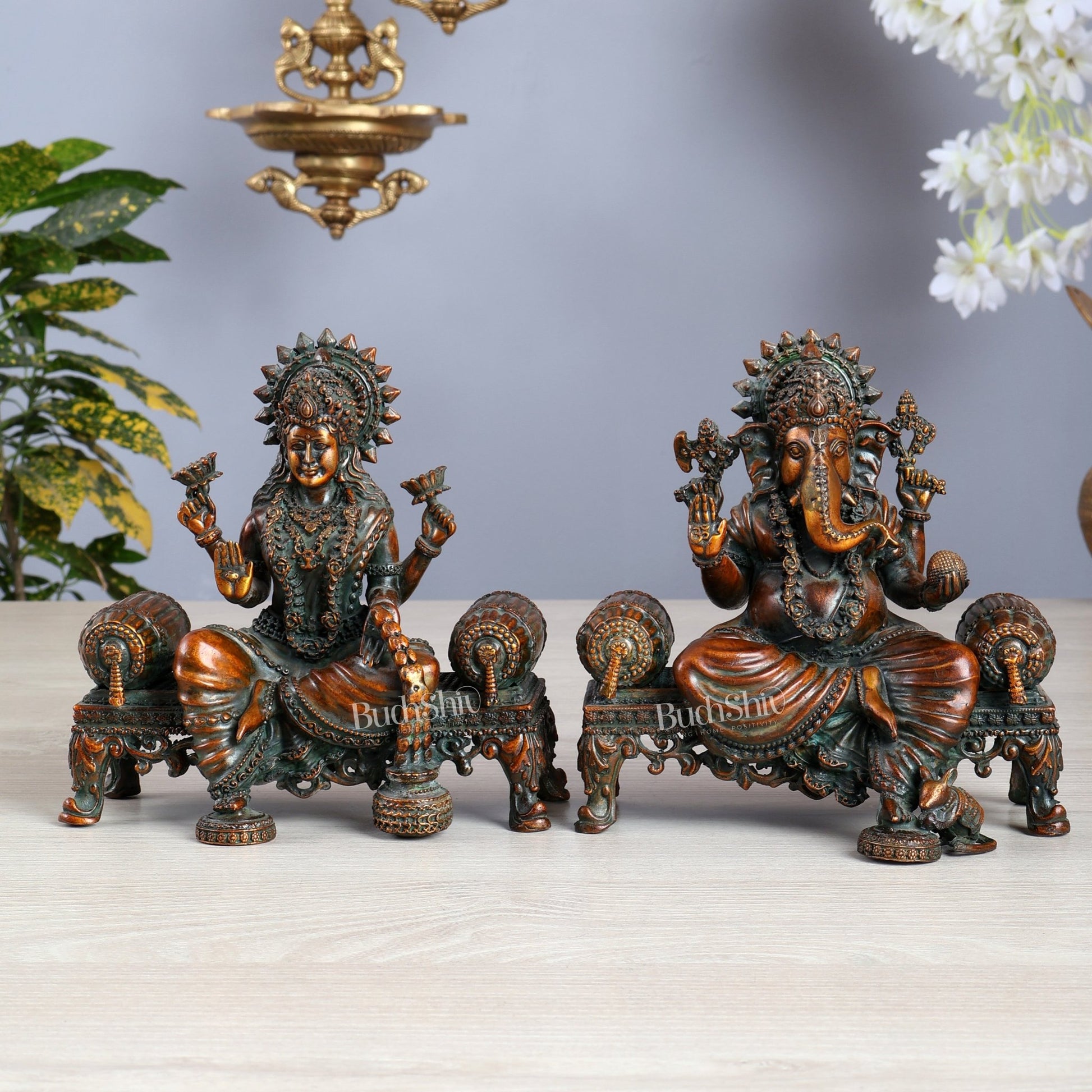 Brass Superfine Ganesha, lakshmi on thrones idols 4 and 5.5 inch chola bronze tone - Budhshiv.com
