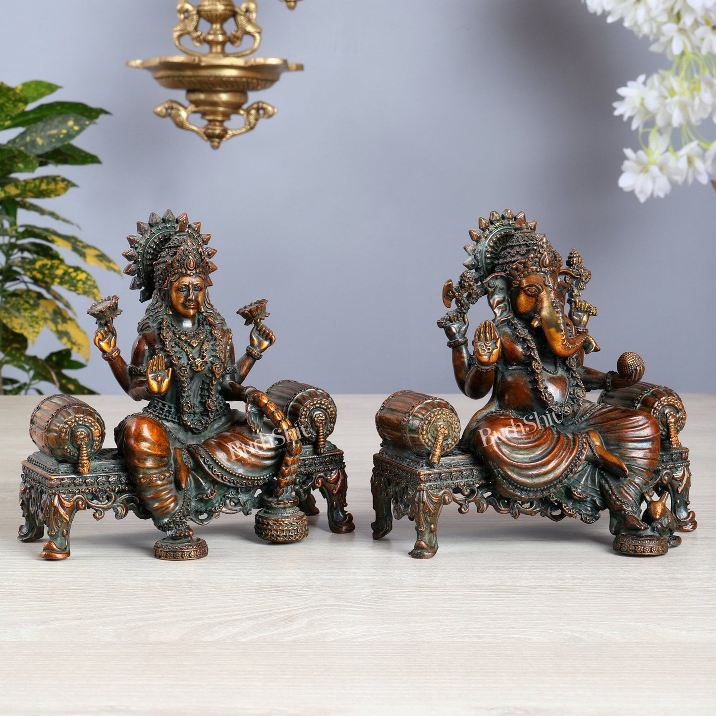 Brass Superfine Ganesha, lakshmi on thrones idols 4 and 5.5 inch chola bronze tone - Budhshiv.com