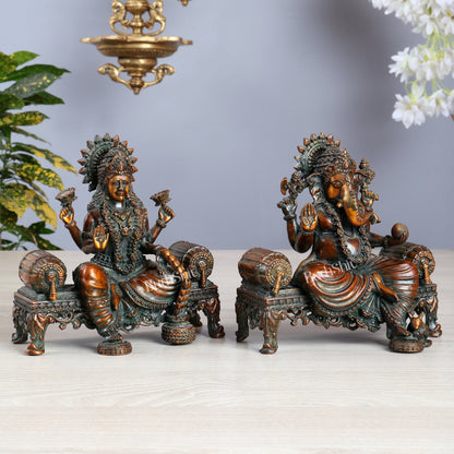 Brass Superfine Ganesha, lakshmi on thrones idols 4 and 5.5 inch chola bronze tone - Budhshiv.com