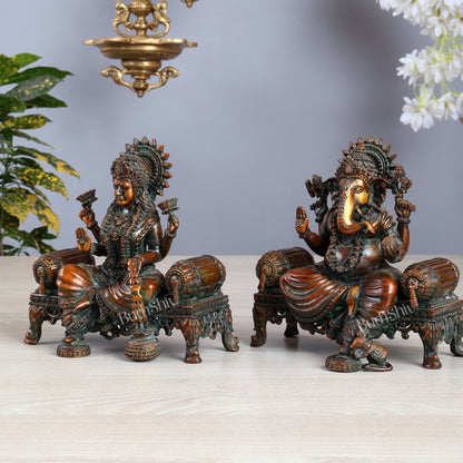 Brass Superfine Ganesha, lakshmi on thrones idols 4 and 5.5 inch chola bronze tone - Budhshiv.com