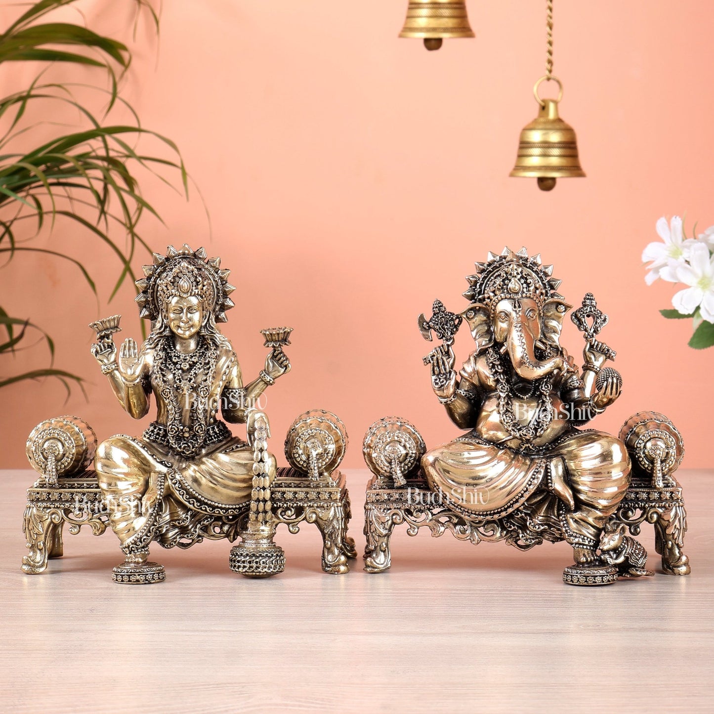 Brass Superfine Ganesha, lakshmi on thrones idols 4 and 5.5 inch - Budhshiv.com