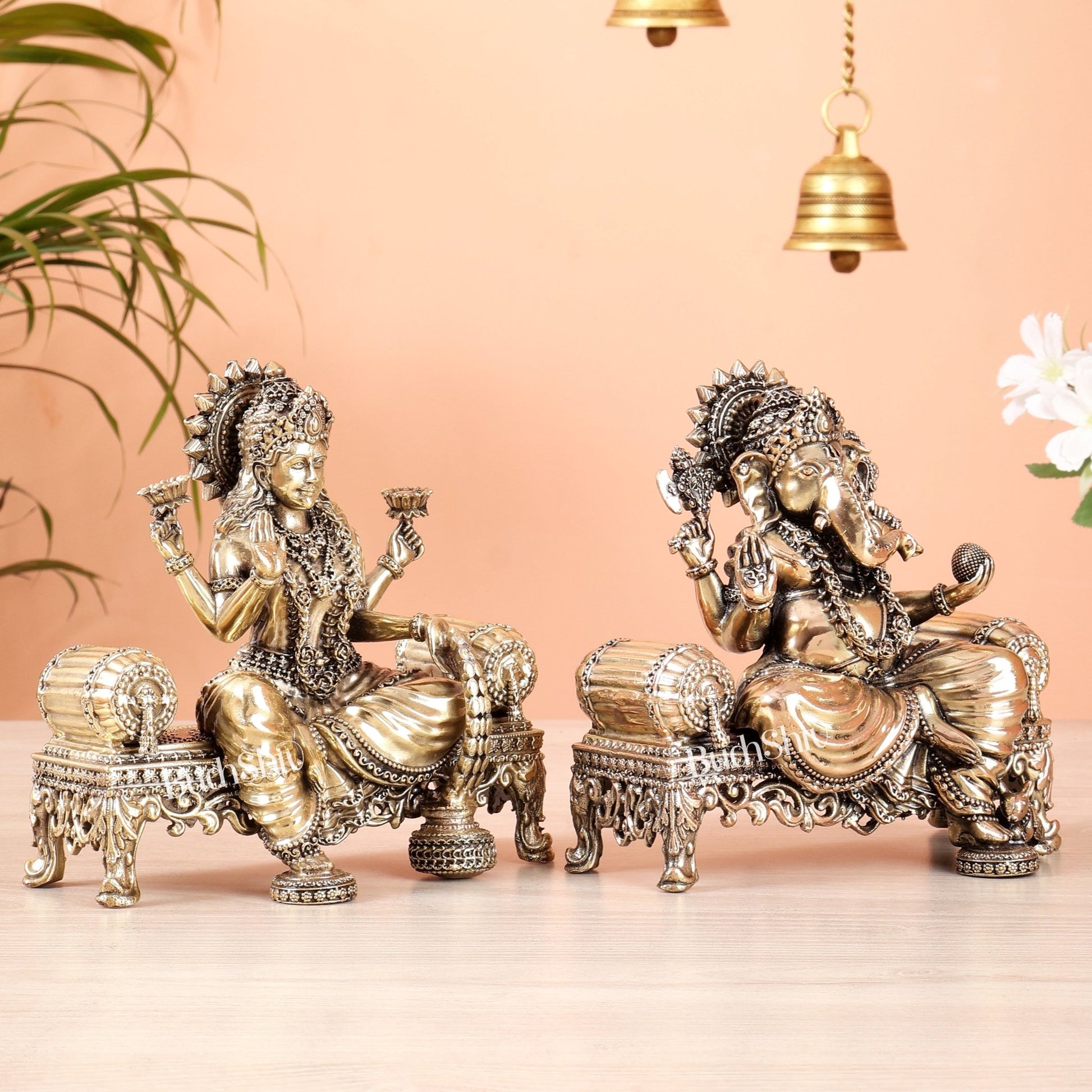 Brass Superfine Ganesha, lakshmi on thrones idols 4 and 5.5 inch - Budhshiv.com