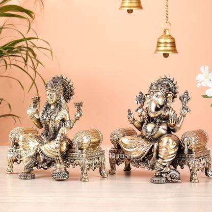 Brass Superfine Ganesha, lakshmi on thrones idols 4 and 5.5 inch - Budhshiv.com