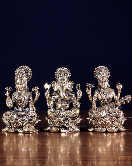 Brass Superfine Ganesha Lakshmi Saraswati Idol Set 4" - Budhshiv.com