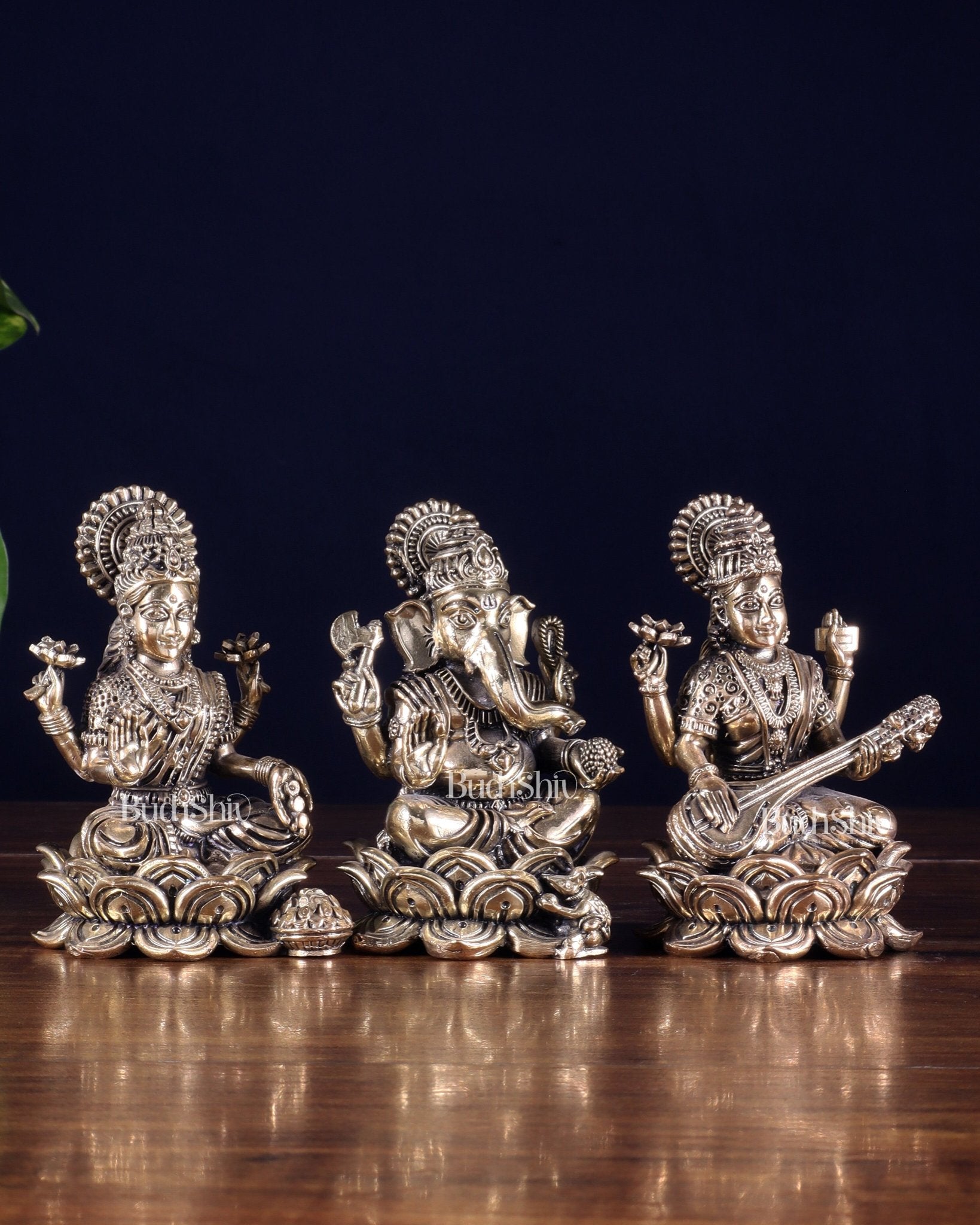 Brass Superfine Ganesha Lakshmi Saraswati Idol Set 4" - Budhshiv.com