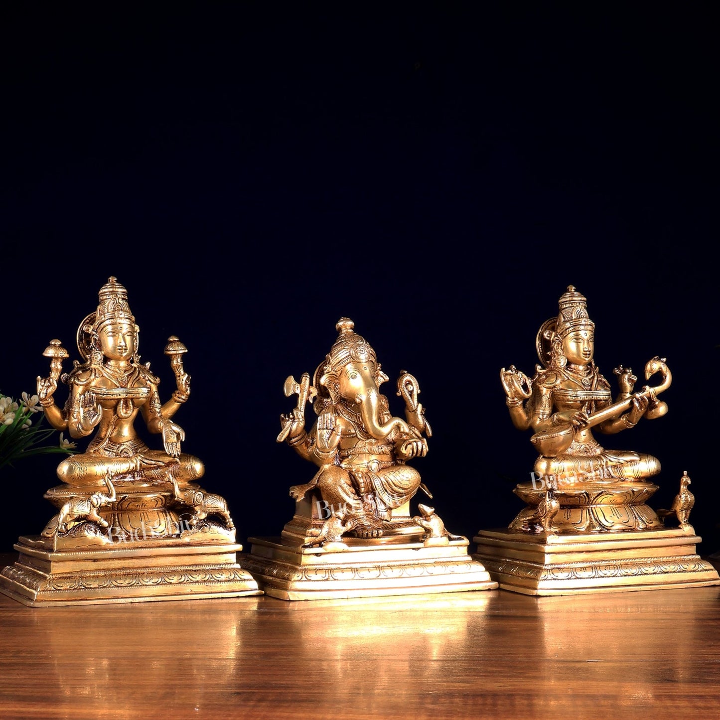 Brass Superfine Ganesha Lakshmi Saraswati Idol Set – Set of 3 Divine Deities 9" - Budhshiv.com