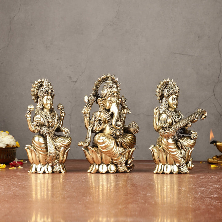 Brass Superfine Ganesha, Lakshmi, Saraswati Idols Set | 6" - Budhshiv.com