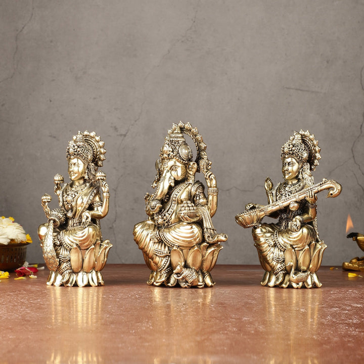 Brass Superfine Ganesha, Lakshmi, Saraswati Idols Set | 6" - Budhshiv.com