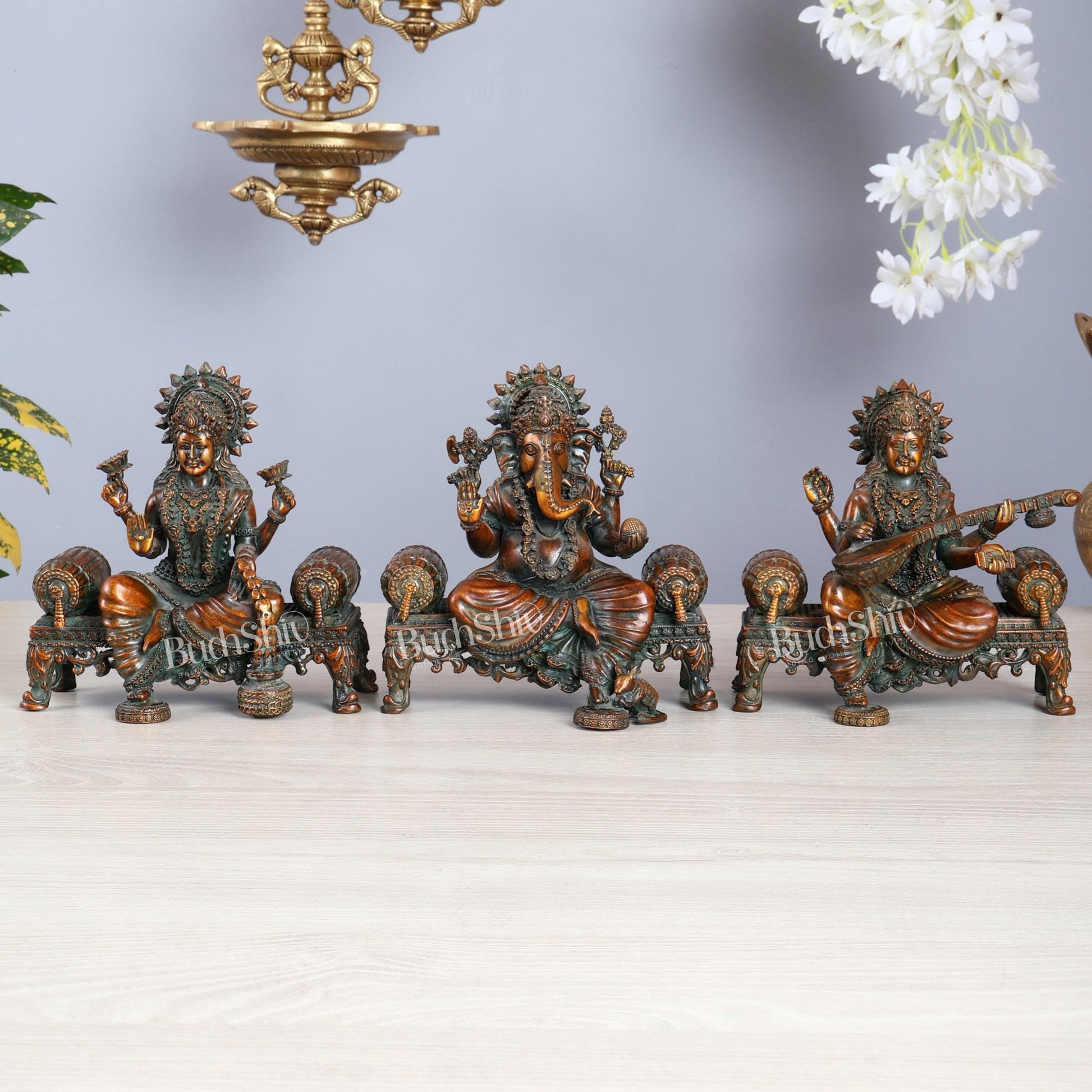 Brass Superfine Ganesha, lakshmi, Saraswati on thrones idols 4 and 5.5 inch chola bronze tone - Budhshiv.com