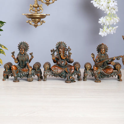 Brass Superfine Ganesha, lakshmi, Saraswati on thrones idols 4 and 5.5 inch chola bronze tone - Budhshiv.com